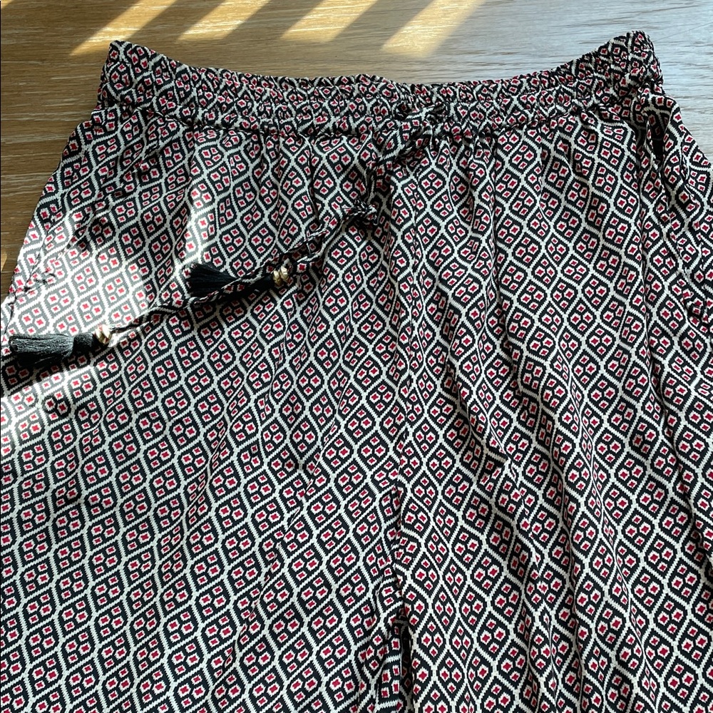 Women's Elastic Waist Geometric Print Pants - Black & Pink